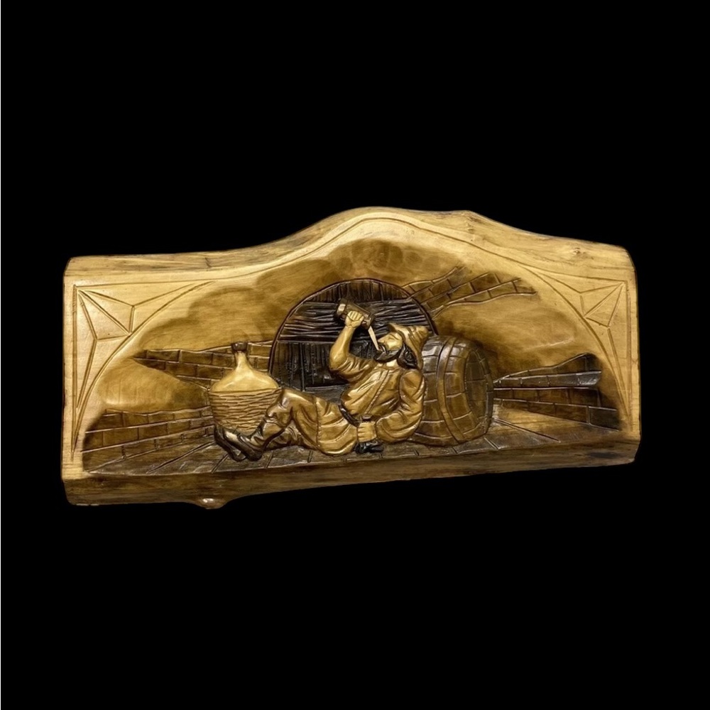 FARMER Folk Art Wooden Wall Decor Wine Drinking Wood Hand Carved 21" X 10"